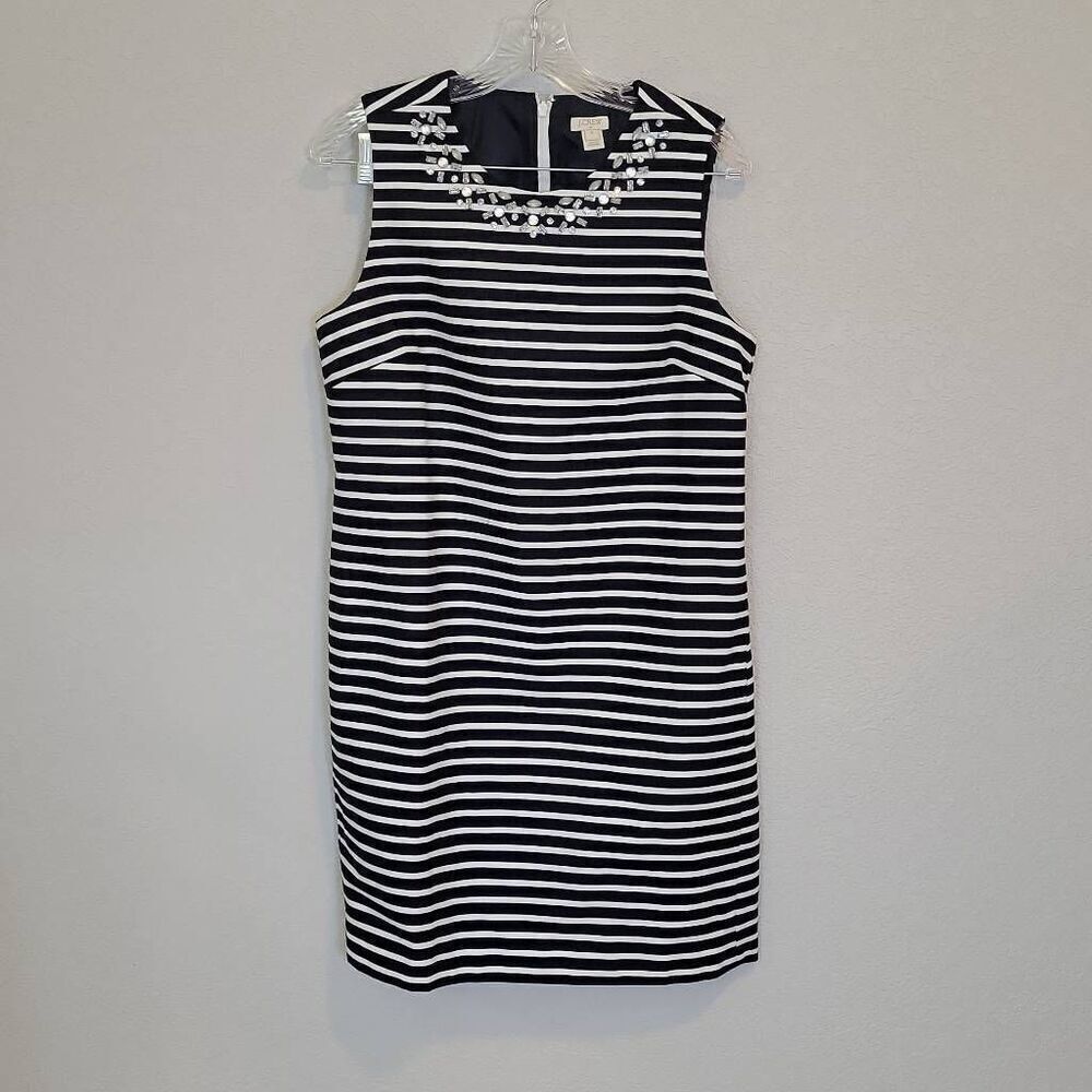 J. Crew Navy Blue White Striped Embellished Sheath Casual Dress Size 8